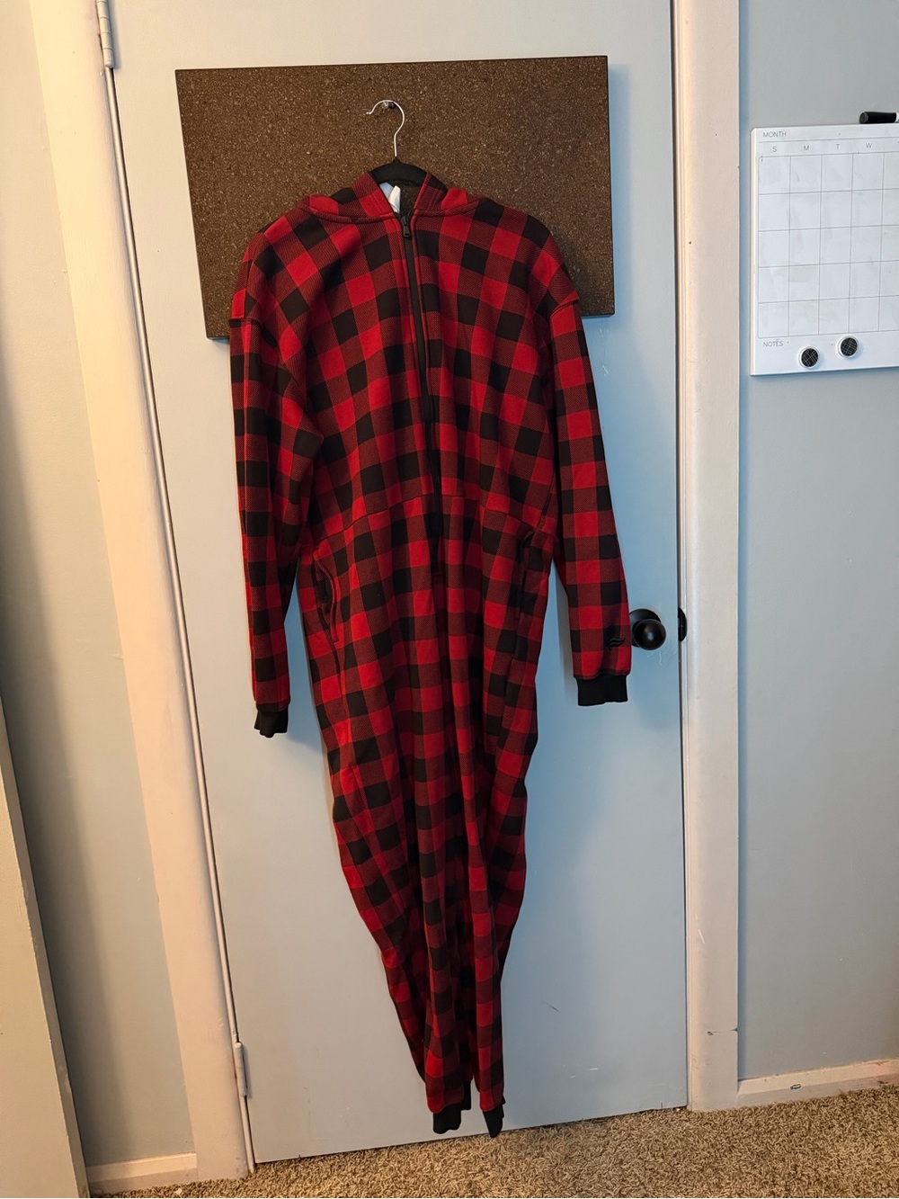 Fabletics Red and Black Buffalo Plaid Hooded Zip Onesie